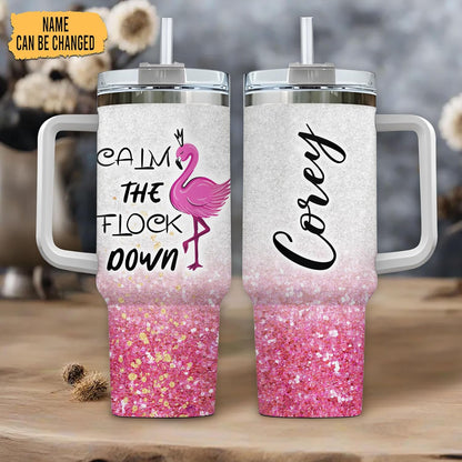 Flamingo Glitter Tumbler 40oz with Handle & Straw – Personalized Stainless Steel Insulated Cup with Lid – Fun Gift for Flamingo Lovers