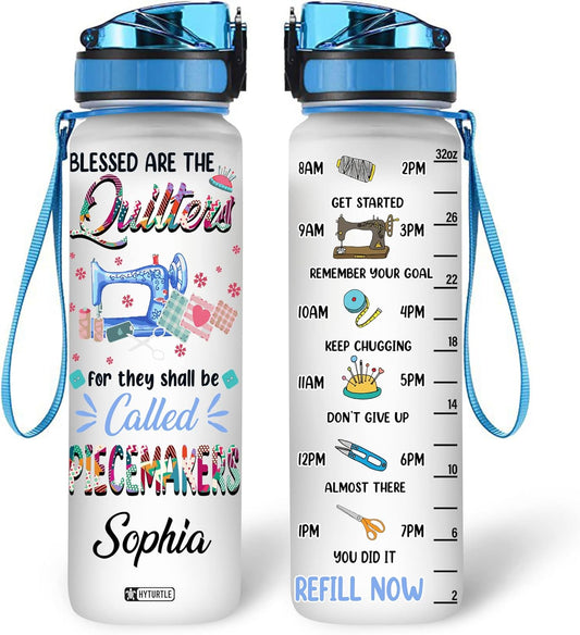 Quilter Piecemakers Water Bottle Tracker 32oz – Personalized Motivational Bottle with Time Marker – Creative Gift for Sewing Lovers
