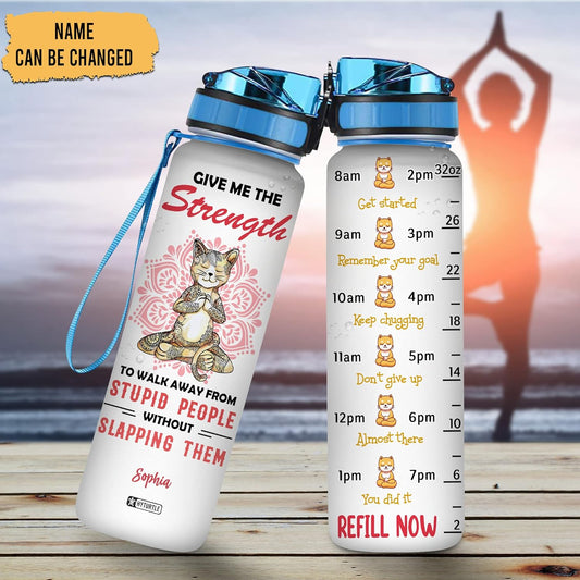 Cat Yoga Water Bottle Tracker 32oz – Personalized Motivational Bottle with Time Marker – Fun Gift for Cat Lovers