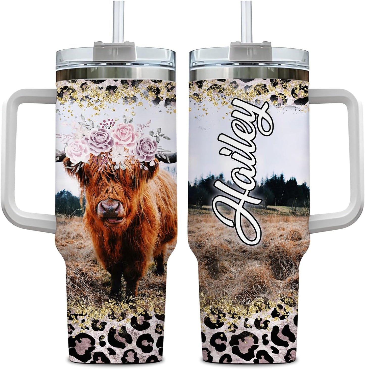 Floral Highland Cow Tumbler 40oz – Personalized Stainless Steel Insulated Travel Cup with Handle & Straw, Leak-Proof Lid – Stylish Gift for Farm Animal Lovers