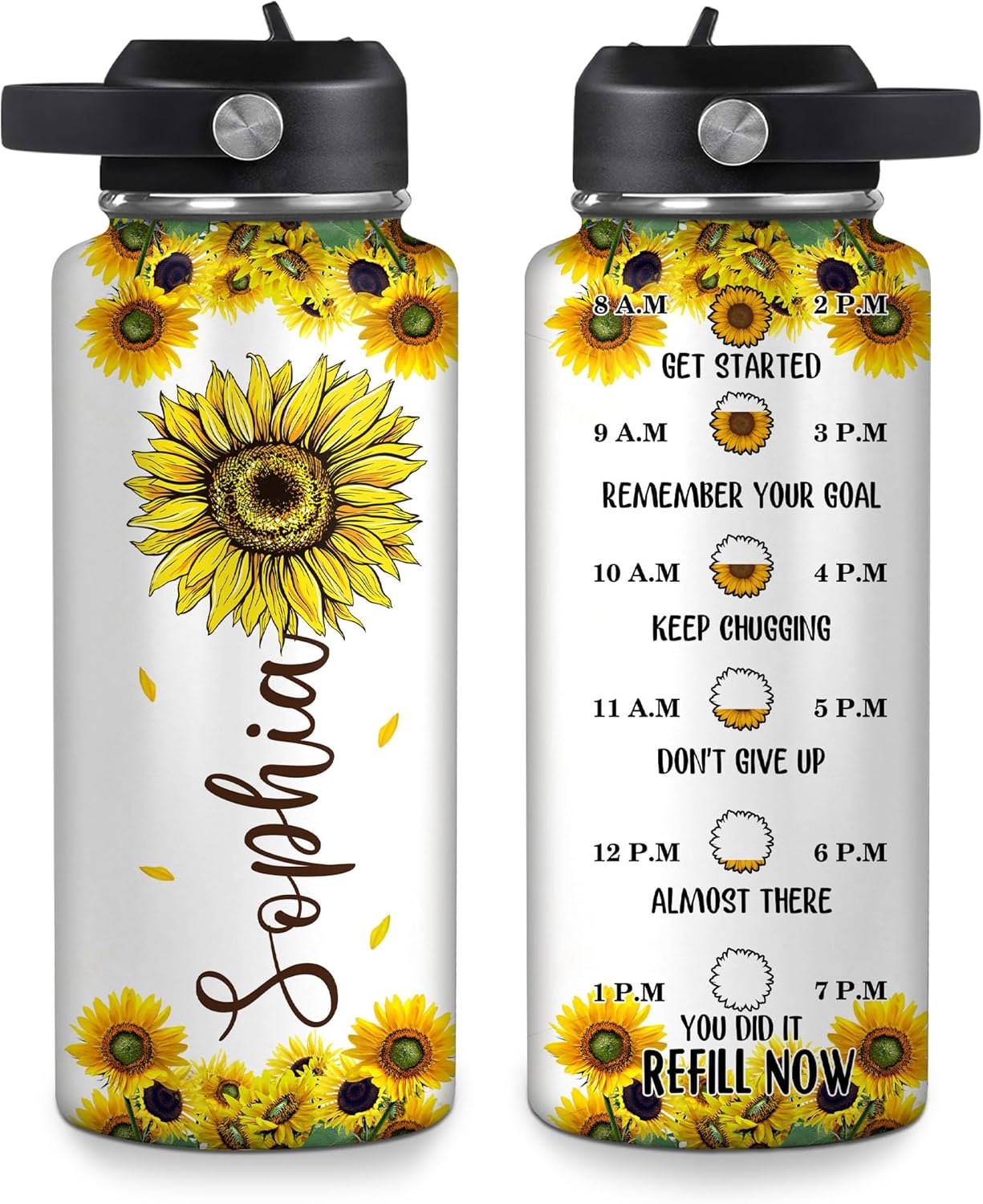 Sunflower Tracker Water Bottle 32oz – Travel Insulated Stainless Steel Bottle with Leak-Proof Lid – Personalized Sunflower Gift