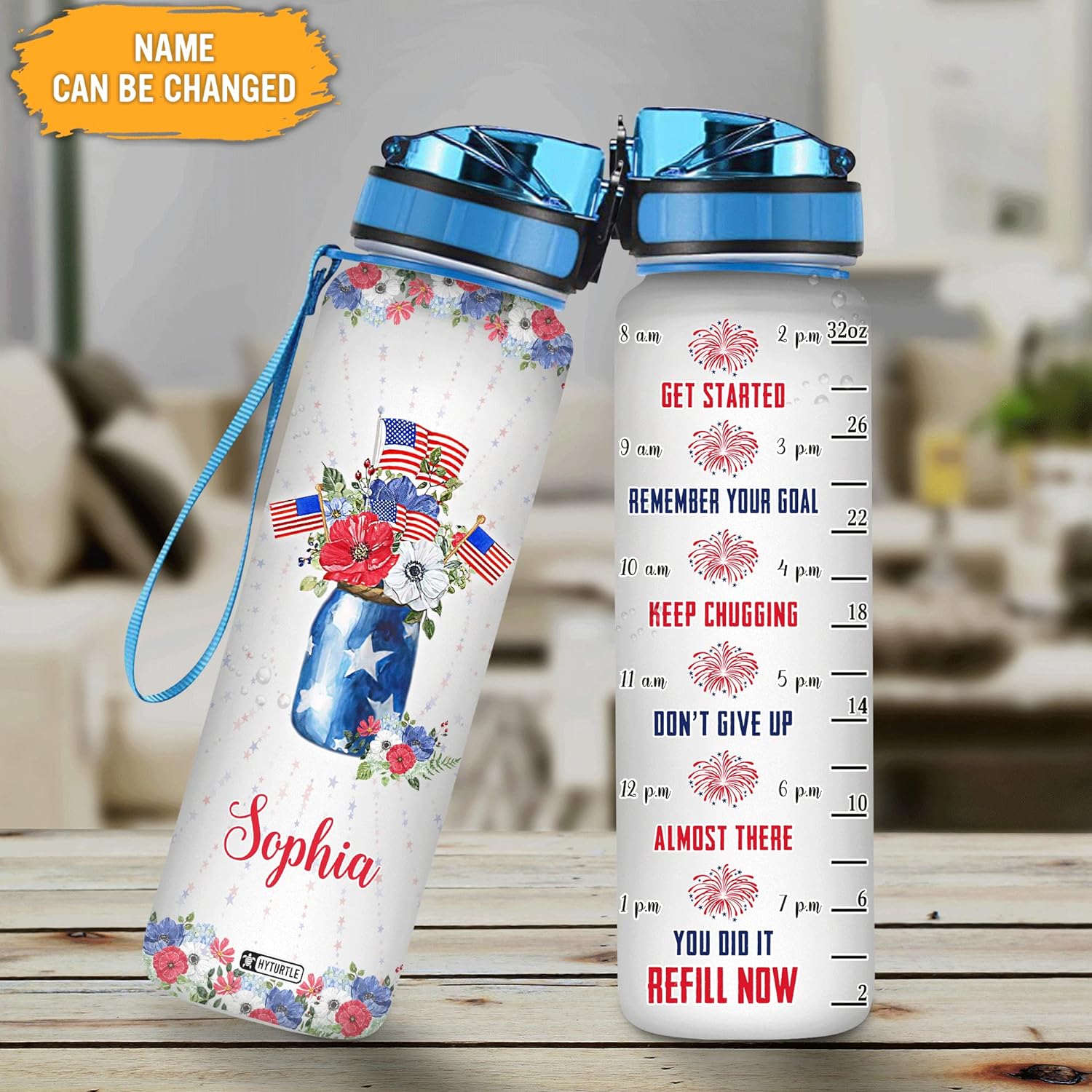 Flower USA Flag - Personalized Water Tracker Bottle 32oz