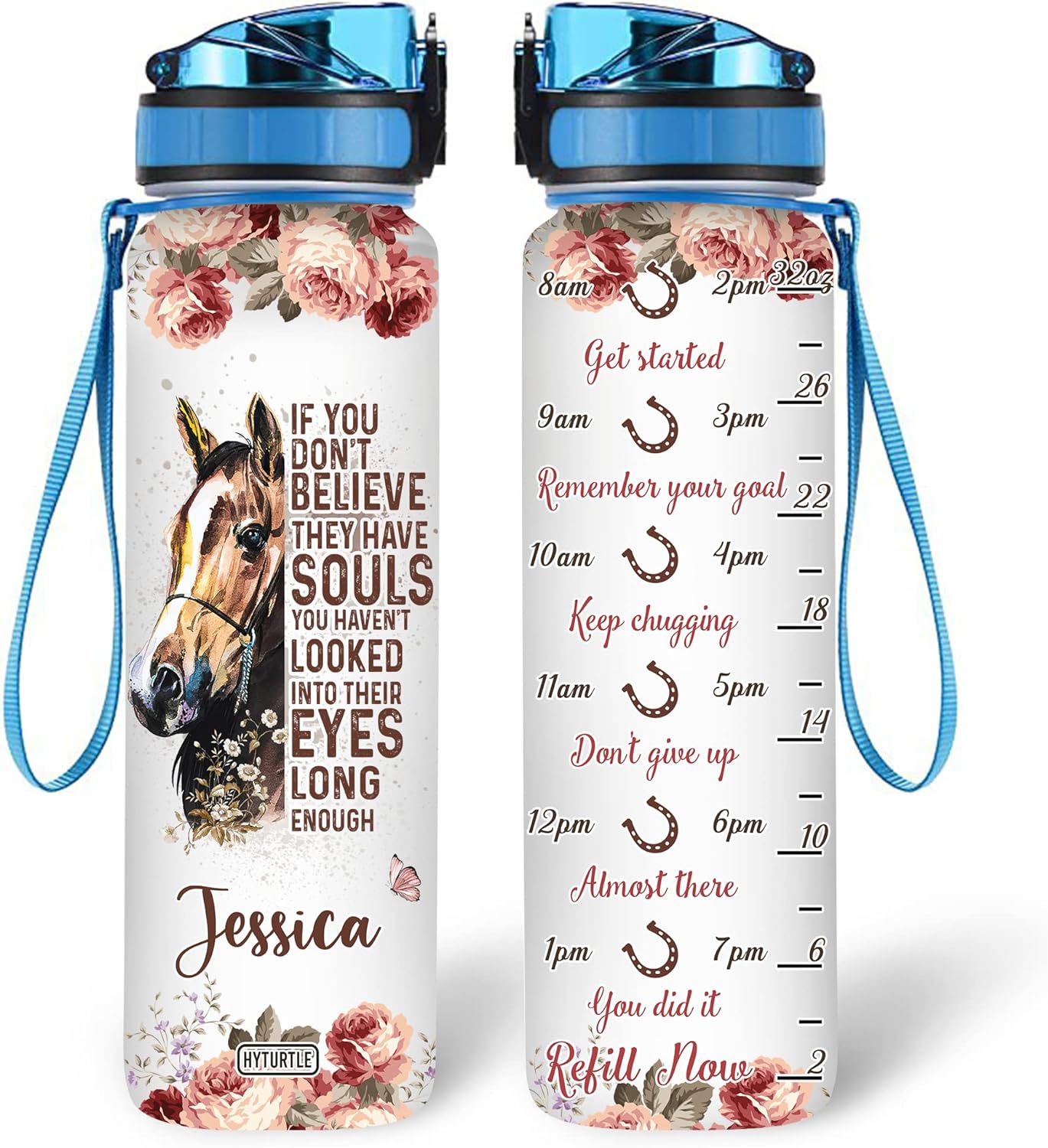 Horse Lovers Water Bottle Tracker 32oz – Personalized Motivational Bottle with Time Marker – Creative Gift for Horse Lovers