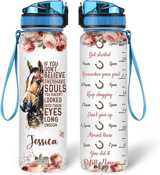 Horse Lovers Water Bottle Tracker 32oz – Personalized Motivational Bottle with Time Marker – Creative Gift for Horse Lovers