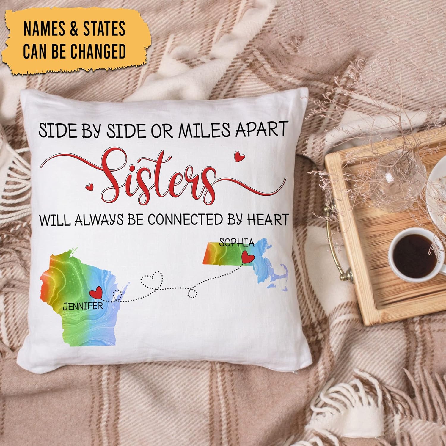 Side By Side Or Miles Apart Will Always Be Connected - Personalized Pillow (Insert Included)