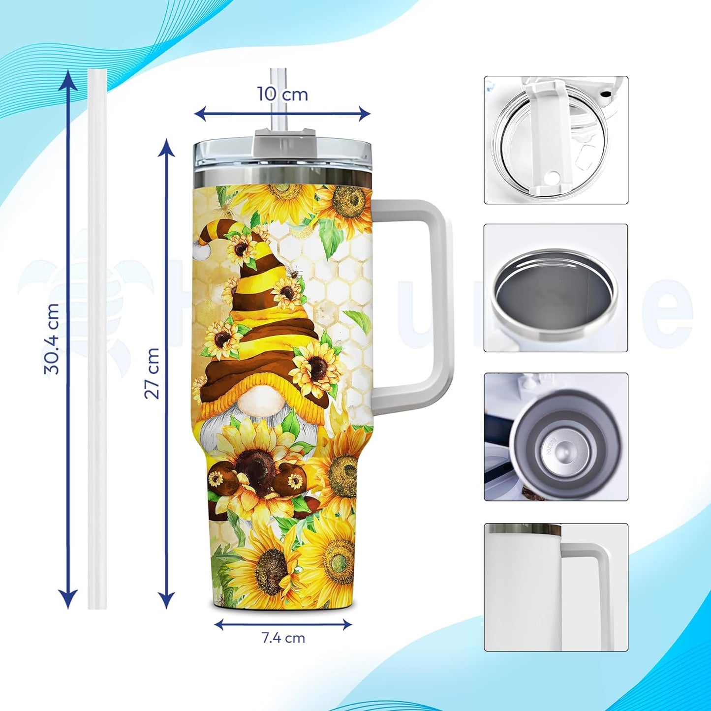 Sunflower Bee Gnome Tumbler 40oz with Handle & Straw – Personalized Stainless Steel Insulated Cup with Lid – Unique Gift for Gnome Lovers