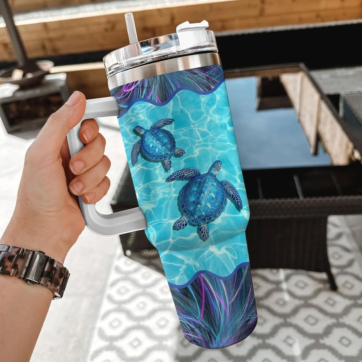 Sea Turtle Ocean Tumbler 40oz with Handle & Straw – Personalized Stainless Steel Insulated Cup with Lid – Stylish Gift for Turtle Lovers