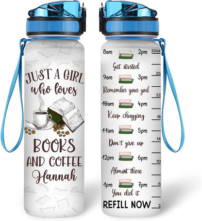 Books & Coffee Theme Water Bottle Tracker 32oz – Personalized Motivational Bottle with Time Marker – Cozy Gift for Reading Lovers