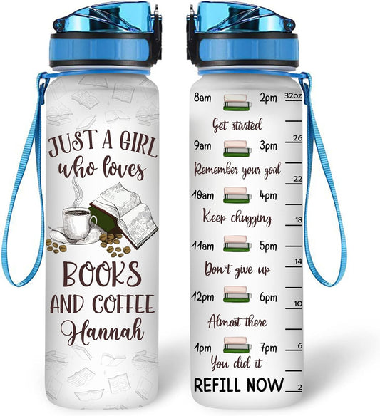 Books & Coffee Theme Water Bottle Tracker 32oz – Personalized Motivational Bottle with Time Marker – Cozy Gift for Reading Lovers
