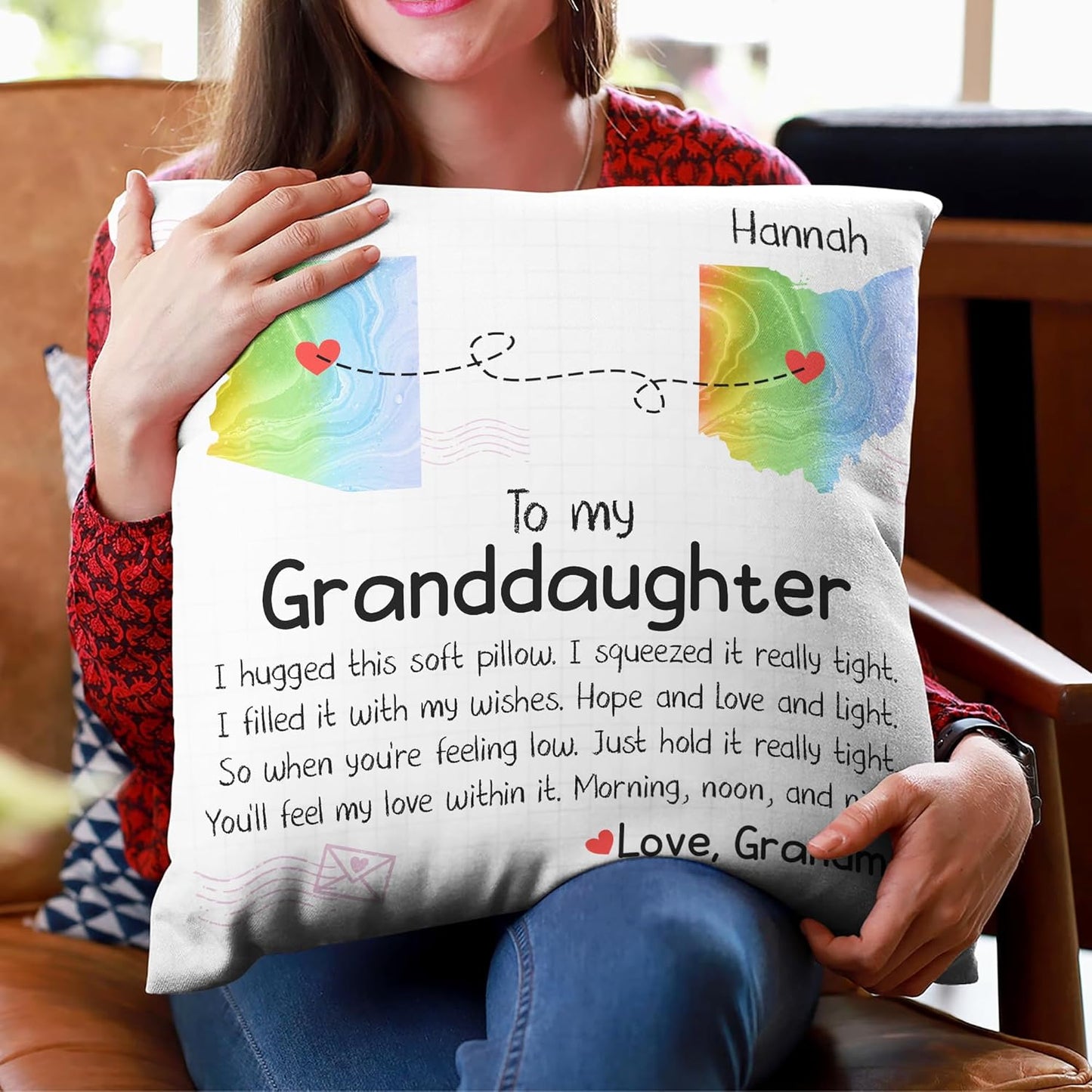 To My Granddaughter Personalized Pillow with Insert – Long Distance State Map Cushion – Cozy Keepsake Gift from Grandma