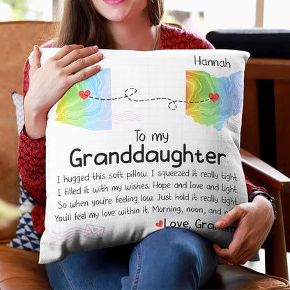 To My Granddaughter Personalized Pillow with Insert – Long Distance State Map Cushion – Cozy Keepsake Gift from Grandma
