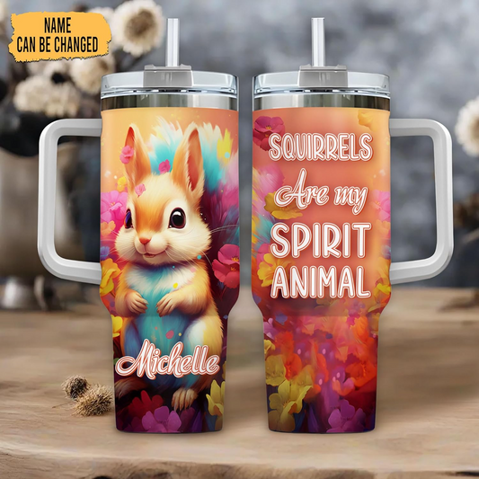 Colorful Squirrel Tumbler 40oz with Handle & Straw – Personalized Stainless Steel Cup with Lid – Cute Animal Gift for Women & Kids