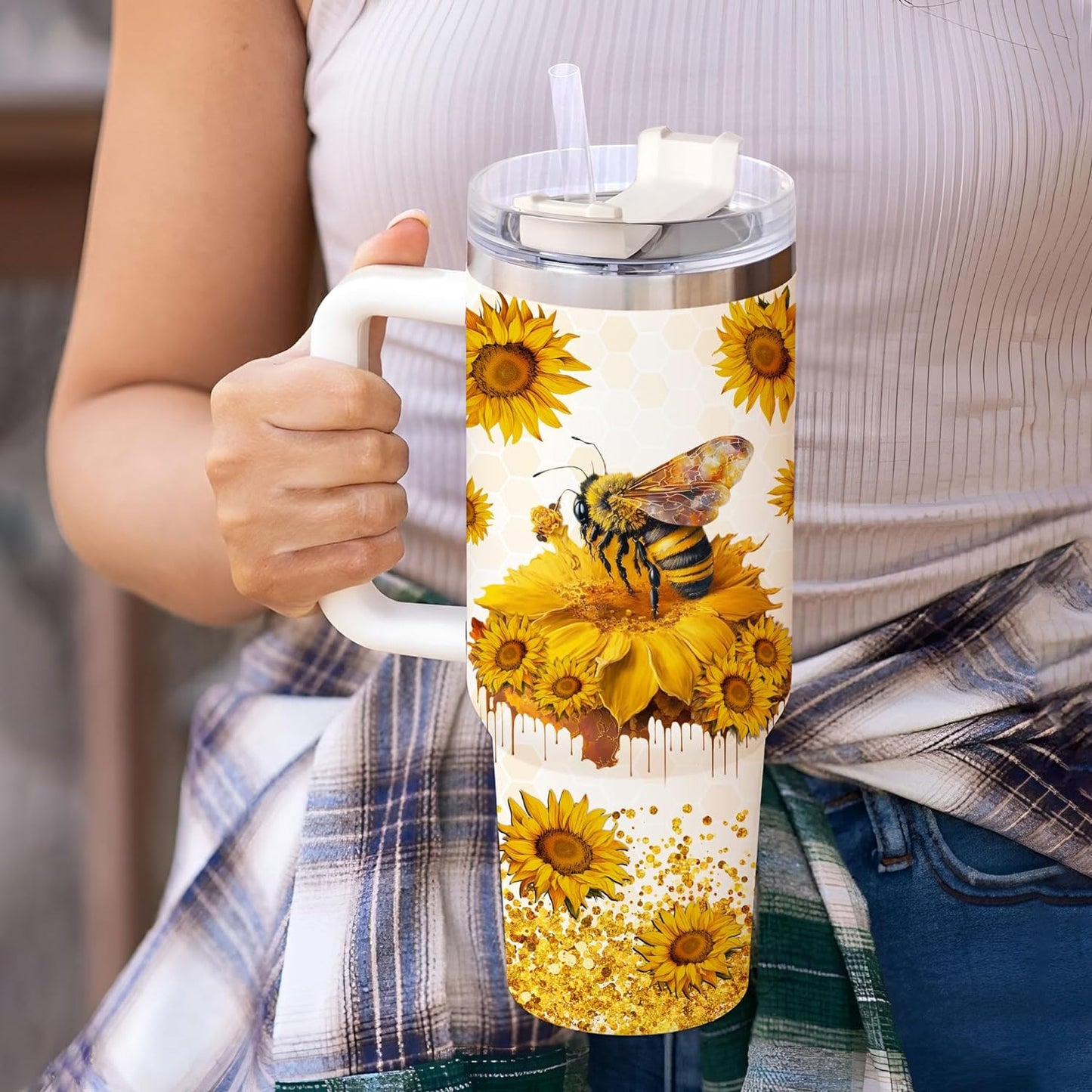 Sunflower Bee Tumbler 40oz with Handle & Straw – Personalized Stainless Steel Insulated Travel Cup with Lid – Unique Gift for Bee Lovers