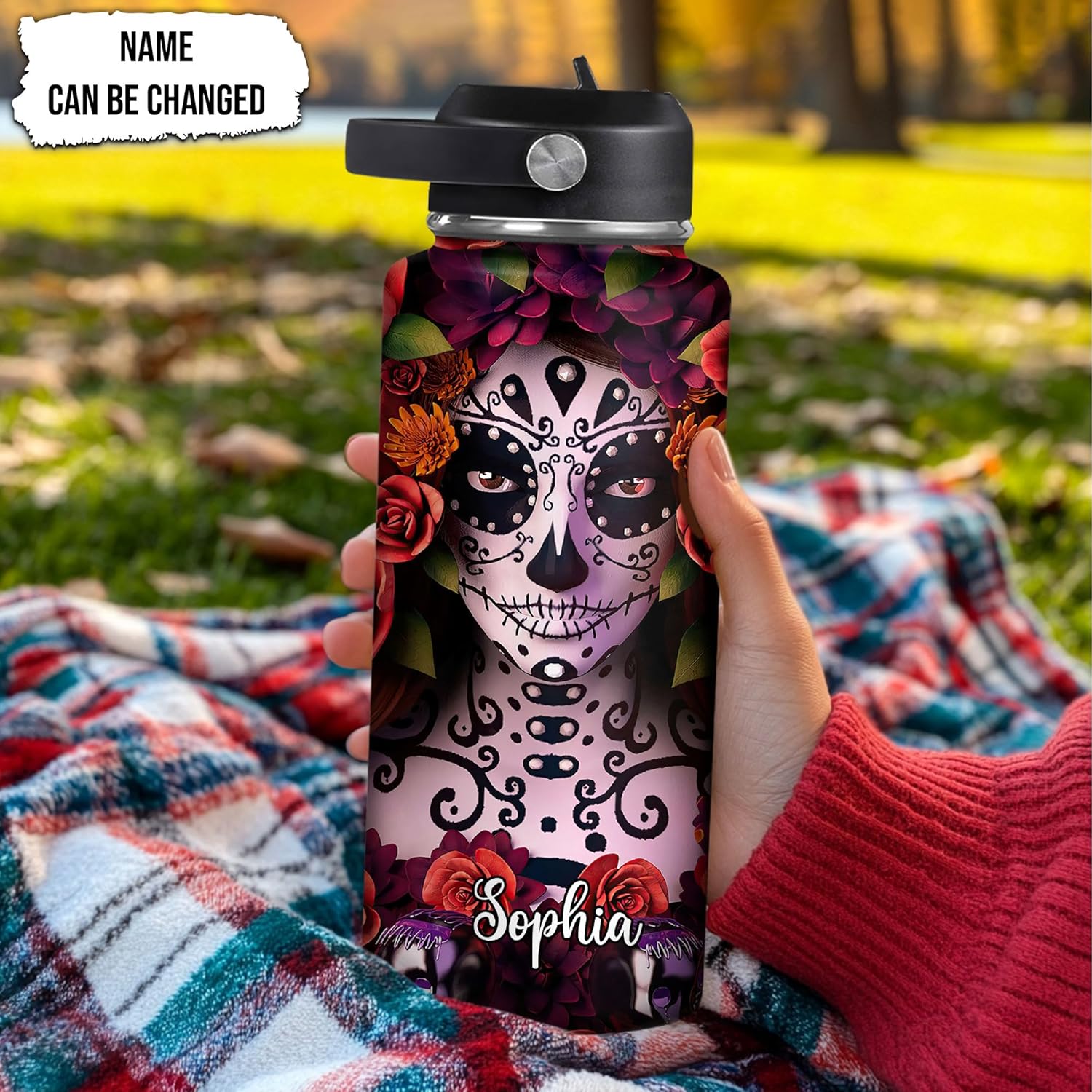 Sugar Skull Water Bottle 32oz – Travel Insulated Stainless Steel Bottle with Leak-Proof Lid – Floral Gothic Day of the Dead Gift
