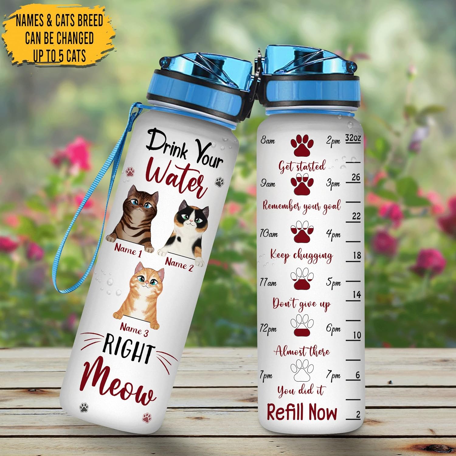 Drink Your Water Right Meow - Personalized Water Tracker Bottle 32oz