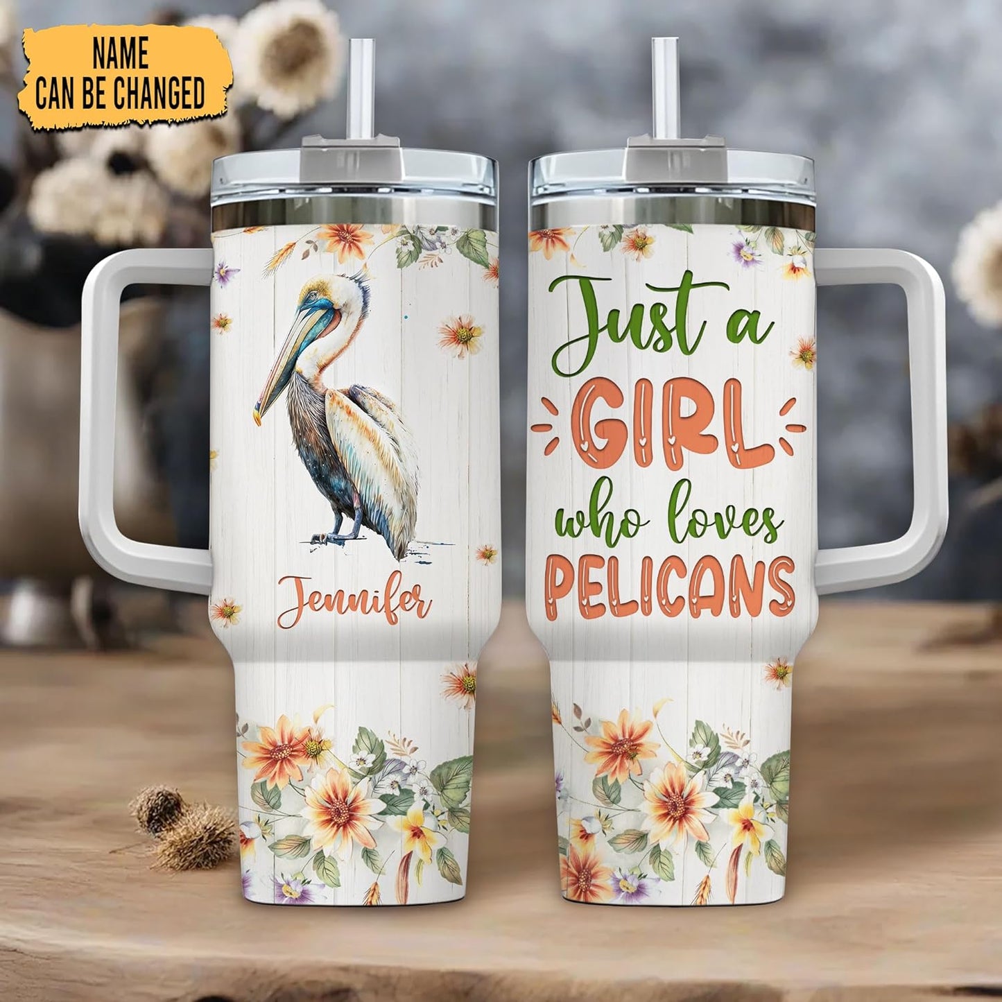 Pelican Tumbler 40oz with Handle & Straw – Personalized Stainless Steel Insulated Travel Cup with Lid – Creative Gift for Ocean Bird Lovers
