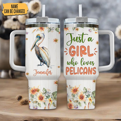 Pelican Tumbler 40oz with Handle & Straw – Personalized Stainless Steel Insulated Travel Cup with Lid – Creative Gift for Ocean Bird Lovers