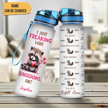 Cute Raccoon Love Water Bottle Tracker 32oz – Personalized Motivational Water Bottle with Time Marker – Fun Gift for Animal Lovers