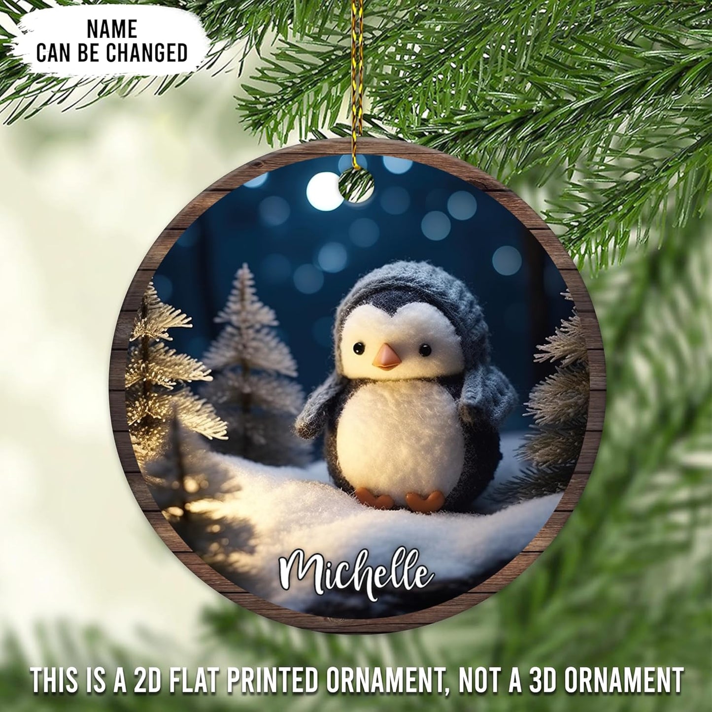 Cozy Penguin in Snow Ceramic Circle Ornament – Personalized Christmas Gift for Penguin Lover, Kids or Winter-Animal Fans