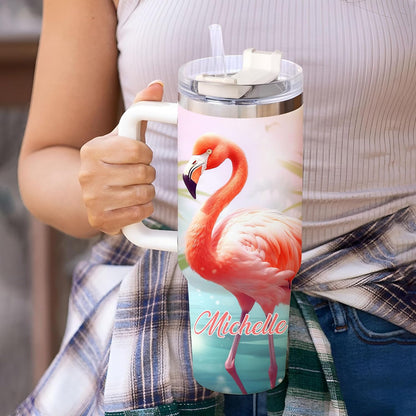Flamingo Tumbler 40oz with Handle & Straw – Personalized Stainless Steel Insulated Cup with Lid – Stylish Gift for Bird Lovers