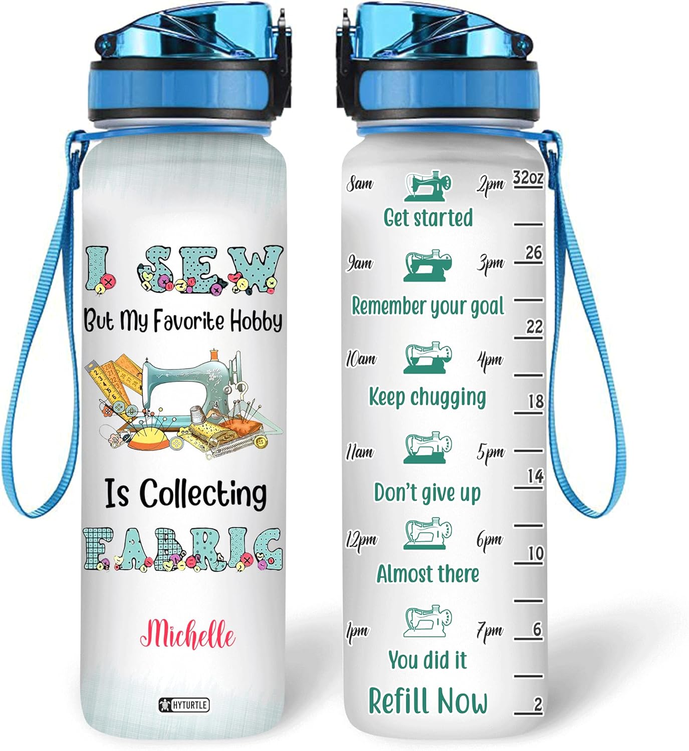 Sewing Fabric Lover Water Bottle Tracker 32oz – Personalized Hydration Bottle with Time Marker – Creative Gift for Seamstress