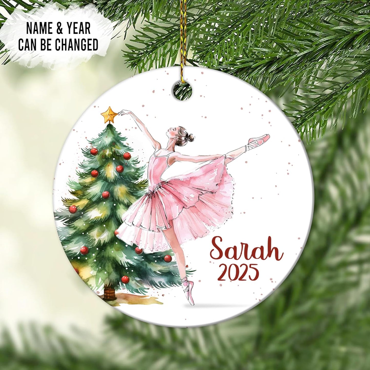 Ballet Dancer by Christmas Tree Ceramic Ornament – Personalized Name Keepsake, Custom Christmas Gift for Ballerina Girl, Dance Student or Teacher