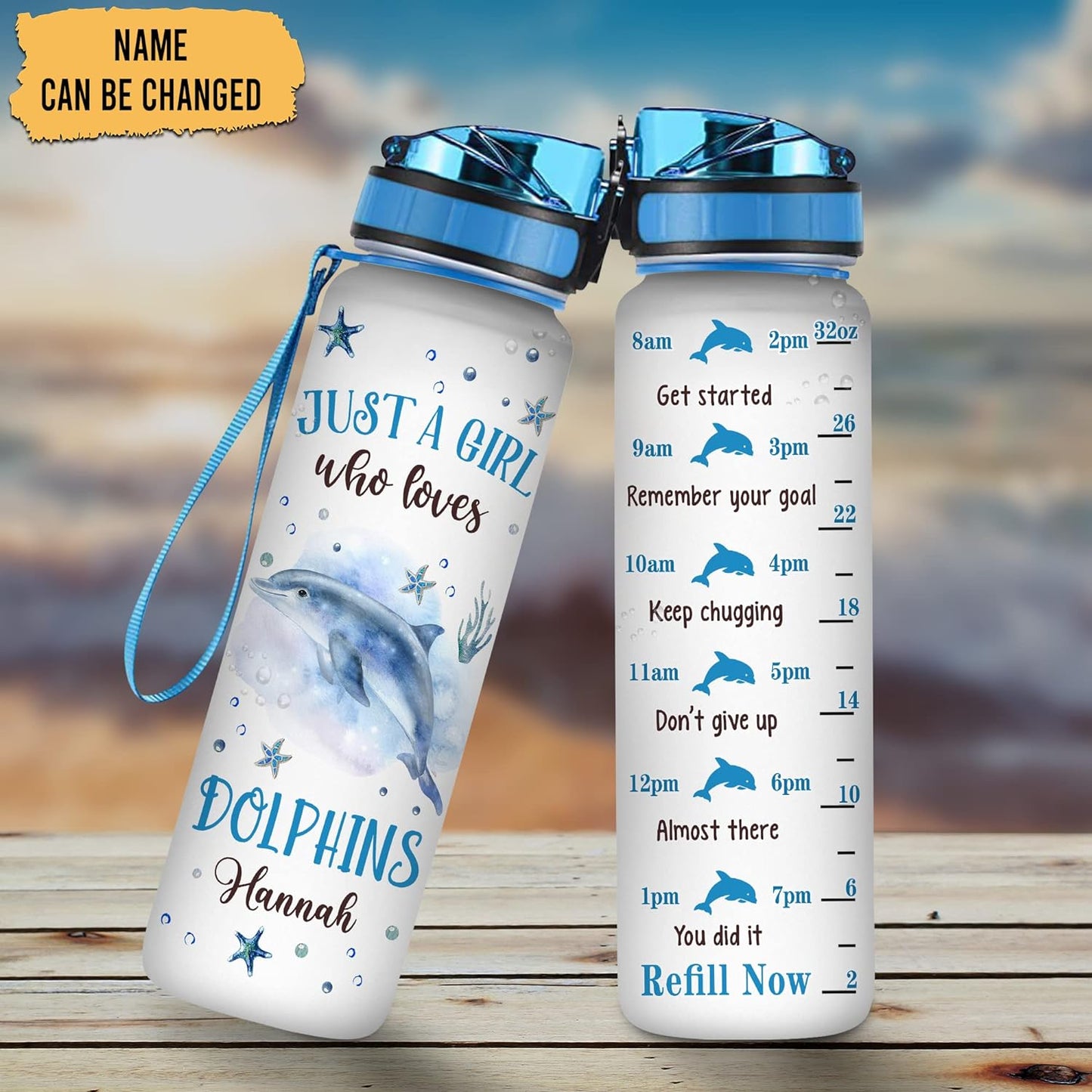 Dolphin Water Bottle Tracker 32oz Personalized – Ocean-Themed Hydration Bottle with Time Marker – Inspiring Gift for Dolphin Lovers