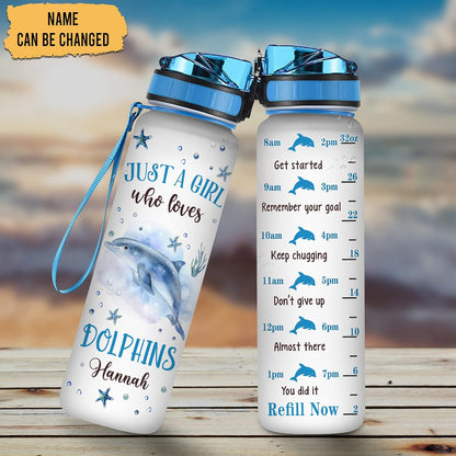 Dolphin Water Bottle Tracker 32oz Personalized – Ocean-Themed Hydration Bottle with Time Marker – Inspiring Gift for Dolphin Lovers