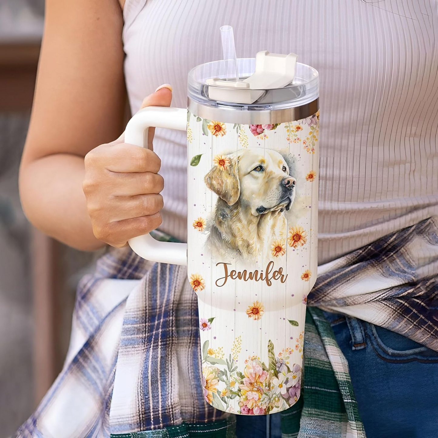 Golden Retriever Lover Tumbler 40oz with Handle & Straw – Personalized Stainless Steel Insulated Mug – Cute Gift for Dog Moms