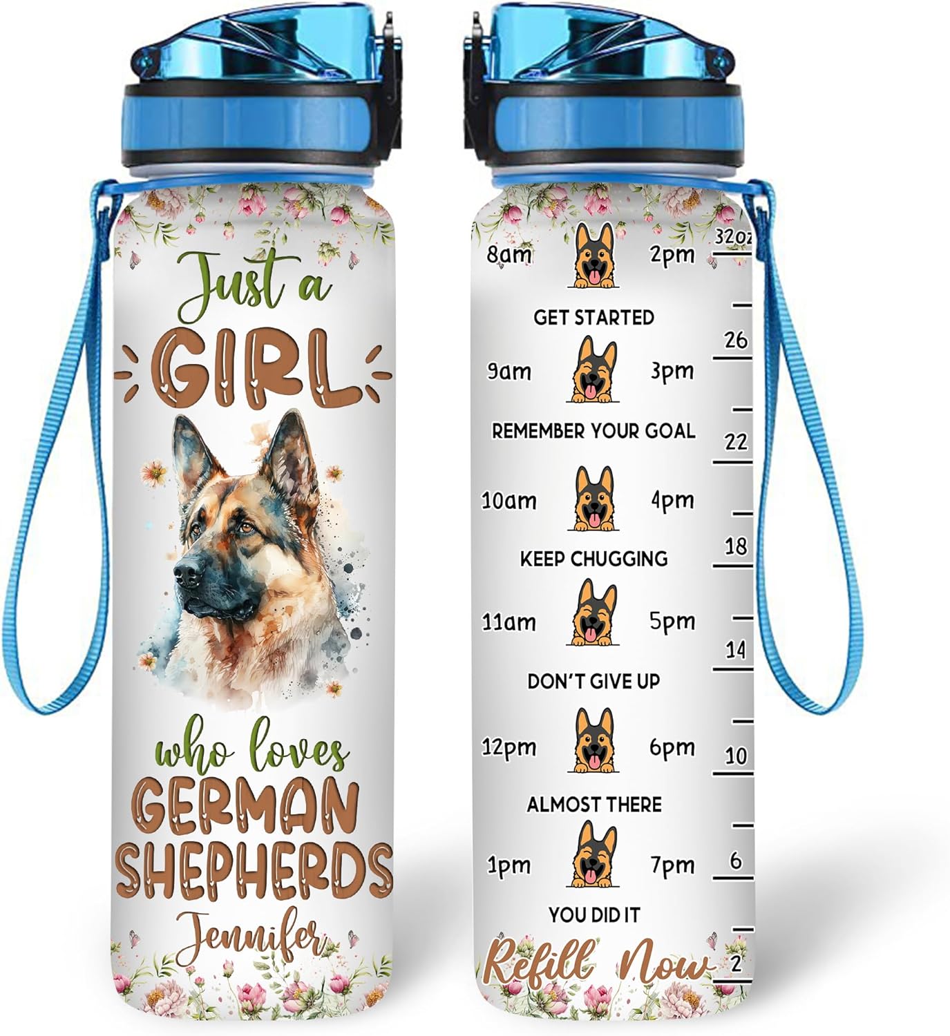 German Shepherd Water Bottle Tracker 32oz – Personalized Motivational Bottle with Time Marker – Gift for Dog Lovers