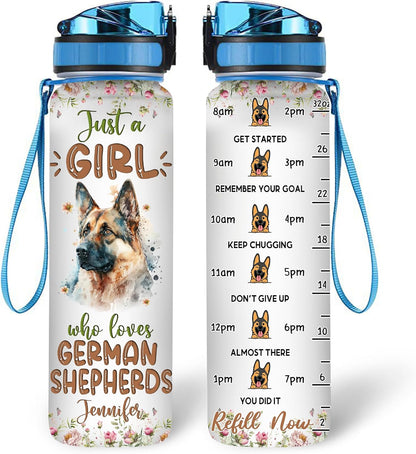 German Shepherd Water Bottle Tracker 32oz – Personalized Motivational Bottle with Time Marker – Gift for Dog Lovers