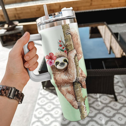 Tropical Sloth Tumbler 40oz with Handle & Straw – Personalized Stainless Steel Insulated Travel Cup with Lid – Cute Gift for Sloth Lovers