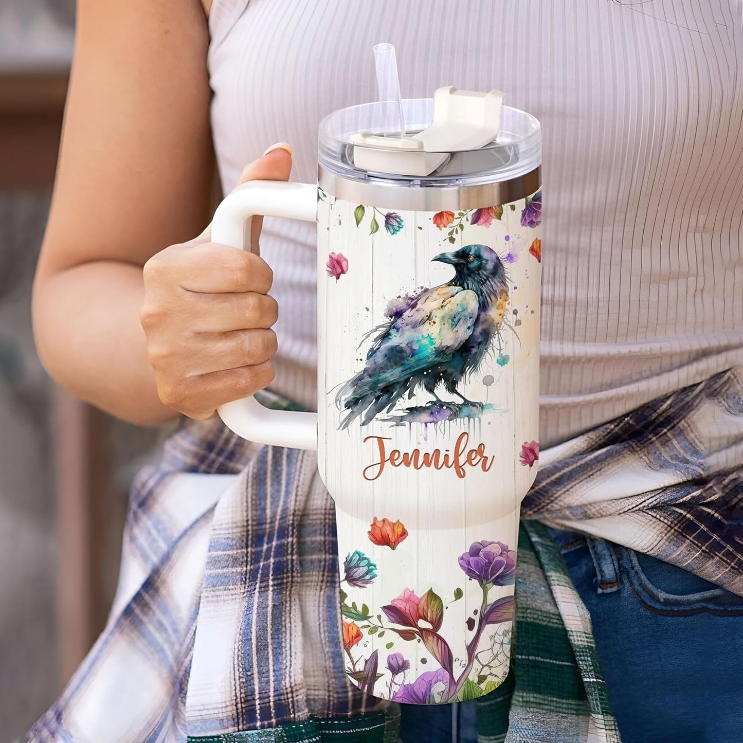 Crow Lover Tumbler 40oz with Handle & Straw – Personalized Stainless Steel Insulated Cup with Lid – Gothic Stylish Gift for Bird Lovers