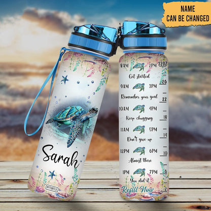 Sea Turtle Water Bottle Tracker 32oz – Personalized Motivational Bottle with Time Marker – Eco-Friendly Gift for Ocean Lovers
