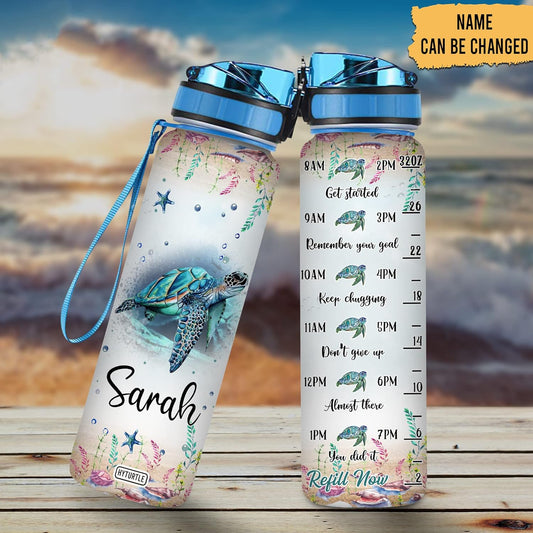 Sea Turtle Water Bottle Tracker 32oz – Personalized Motivational Bottle with Time Marker – Eco-Friendly Gift for Ocean Lovers