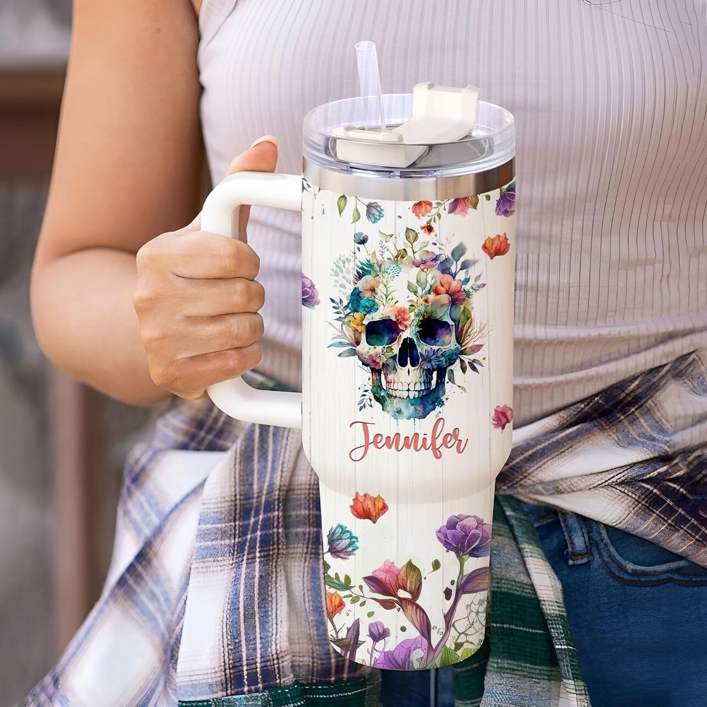 Floral Skull 40oz Tumbler with Handle & Straw – Personalized Stainless Steel Insulated Travel Cup with Lid – Gothic Artistic Gift for Women