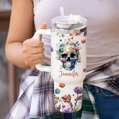 Floral Skull 40oz Tumbler with Handle & Straw – Personalized Stainless Steel Insulated Travel Cup with Lid – Gothic Artistic Gift for Women