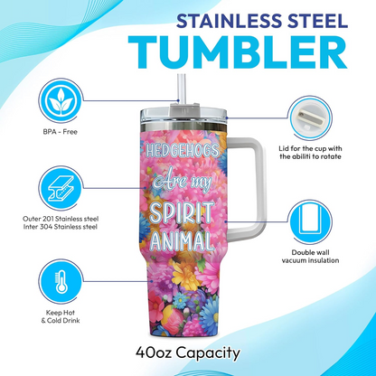 Hedgehog Lover Tumbler 40oz with Handle & Straw – Personalized Stainless Steel Insulated Cup with Lid – Cute Gift for Women & Girls