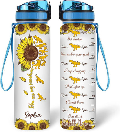 Sunflower Dinosaur Water Bottle Tracker 32oz Personalized – Unique Dino Floral Motivational Bottle – Creative Gift for Women & Kids