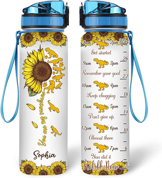 Sunflower Dinosaur Water Bottle Tracker 32oz Personalized – Unique Dino Floral Motivational Bottle – Creative Gift for Women & Kids