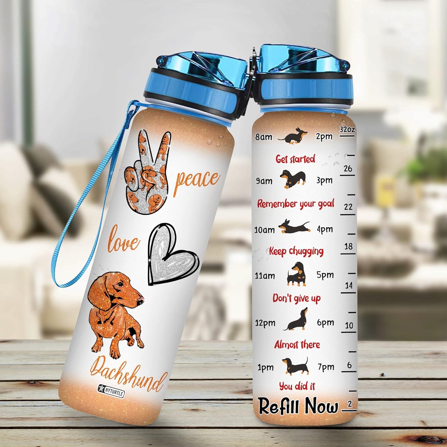 Peace Love Dachshund Water Bottle Tracker 32oz Personalized – Dog Theme Hydration Bottle – Birthday, Mother’s Day or Anniversary Gift