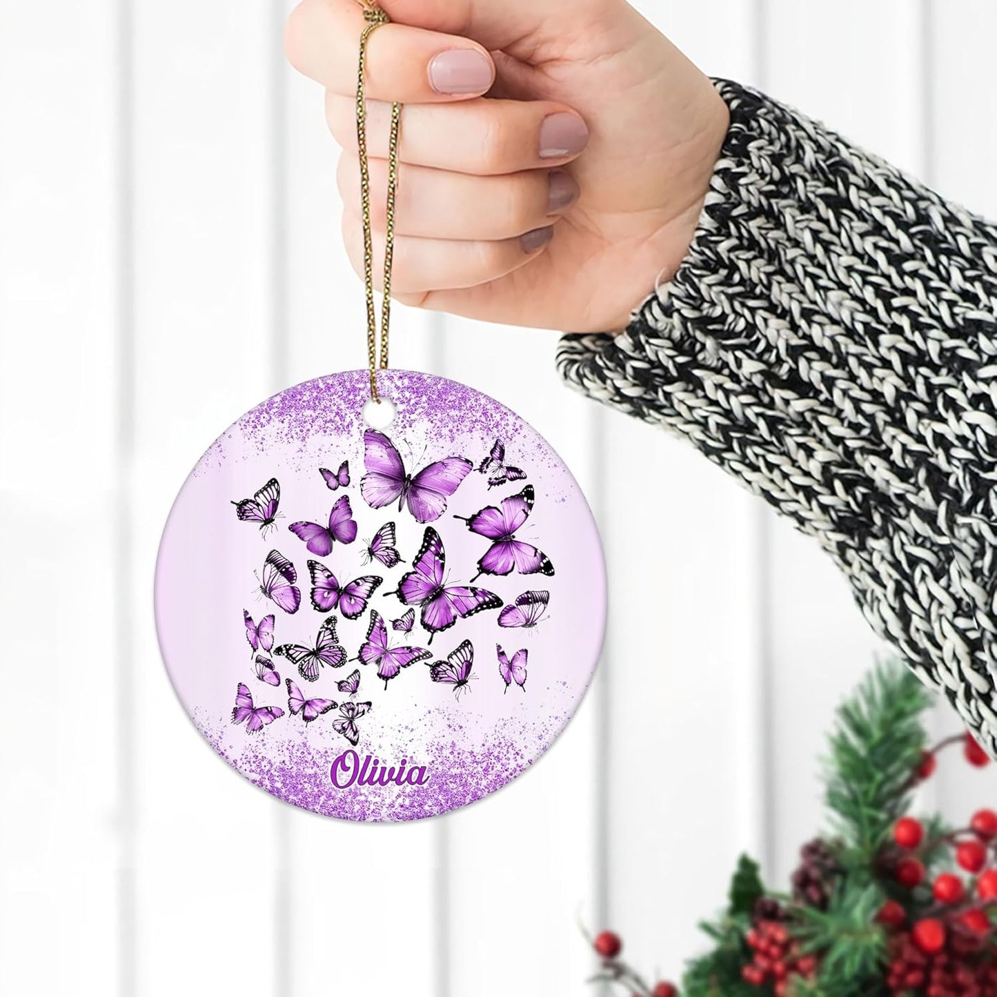 Purple Butterflies Swirl Ceramic Ornament – Personalized Custom Name Two-Sided Circle Keepsake, Christmas Gift for Butterfly Lover Women