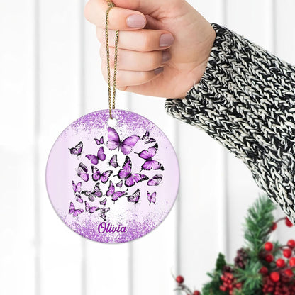 Purple Butterflies Swirl Ceramic Ornament – Personalized Custom Name Two-Sided Circle Keepsake, Christmas Gift for Butterfly Lover Women