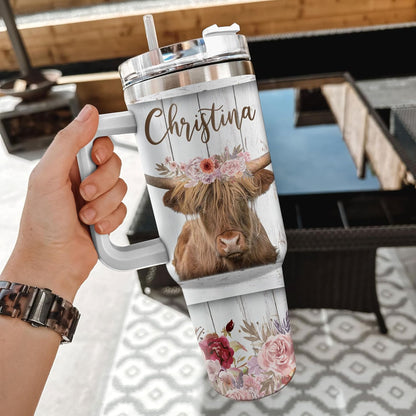 Floral Highland Cow Tumbler 40oz with Handle & Straw – Personalized Stainless Steel Travel Cup with Lid – Unique Gift for Farm Animal Lovers