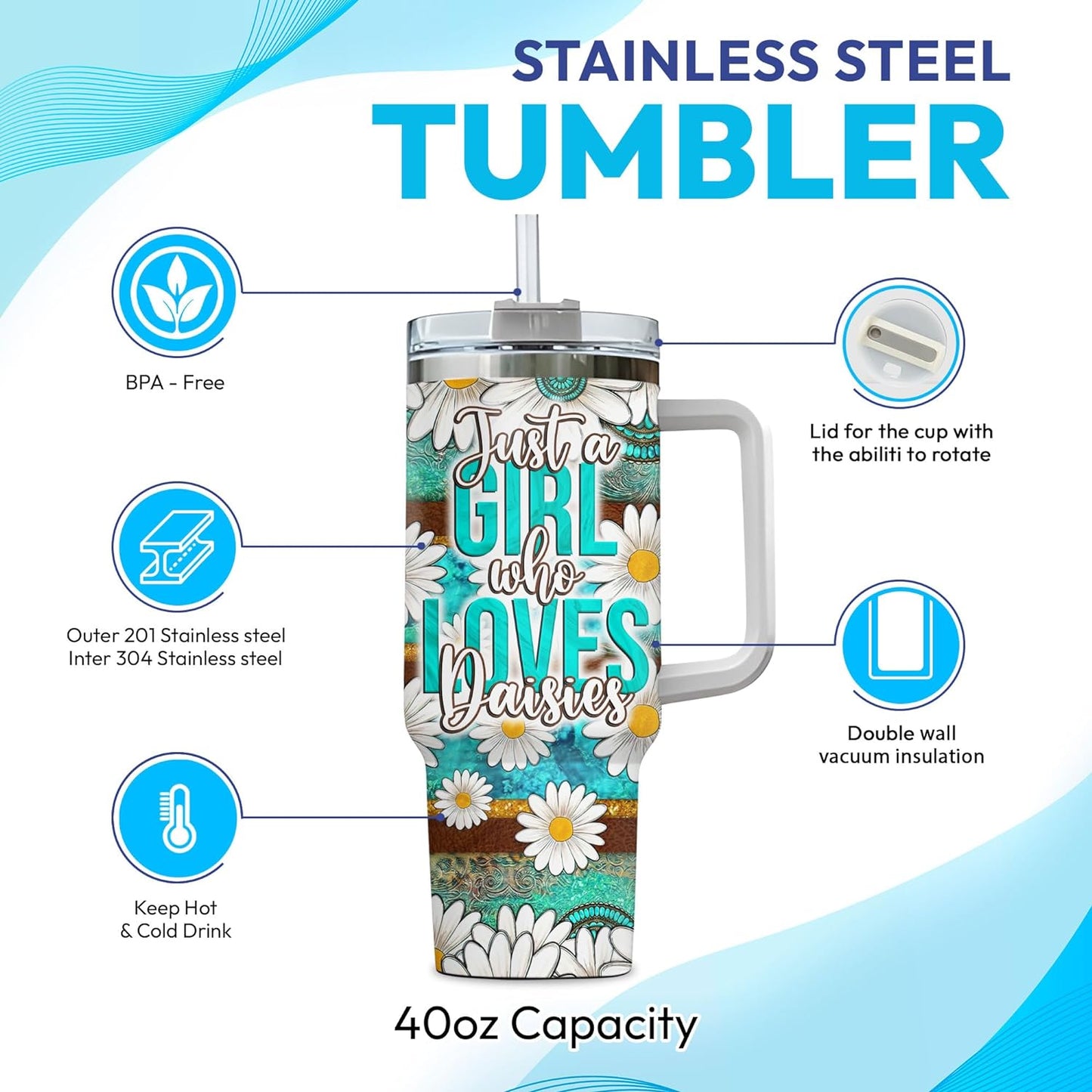 Rustic Daisy Tumbler 40oz with Handle & Straw – Personalized Stainless Steel Insulated Travel Cup with Lid – Unique Floral Gift for Women & Girls