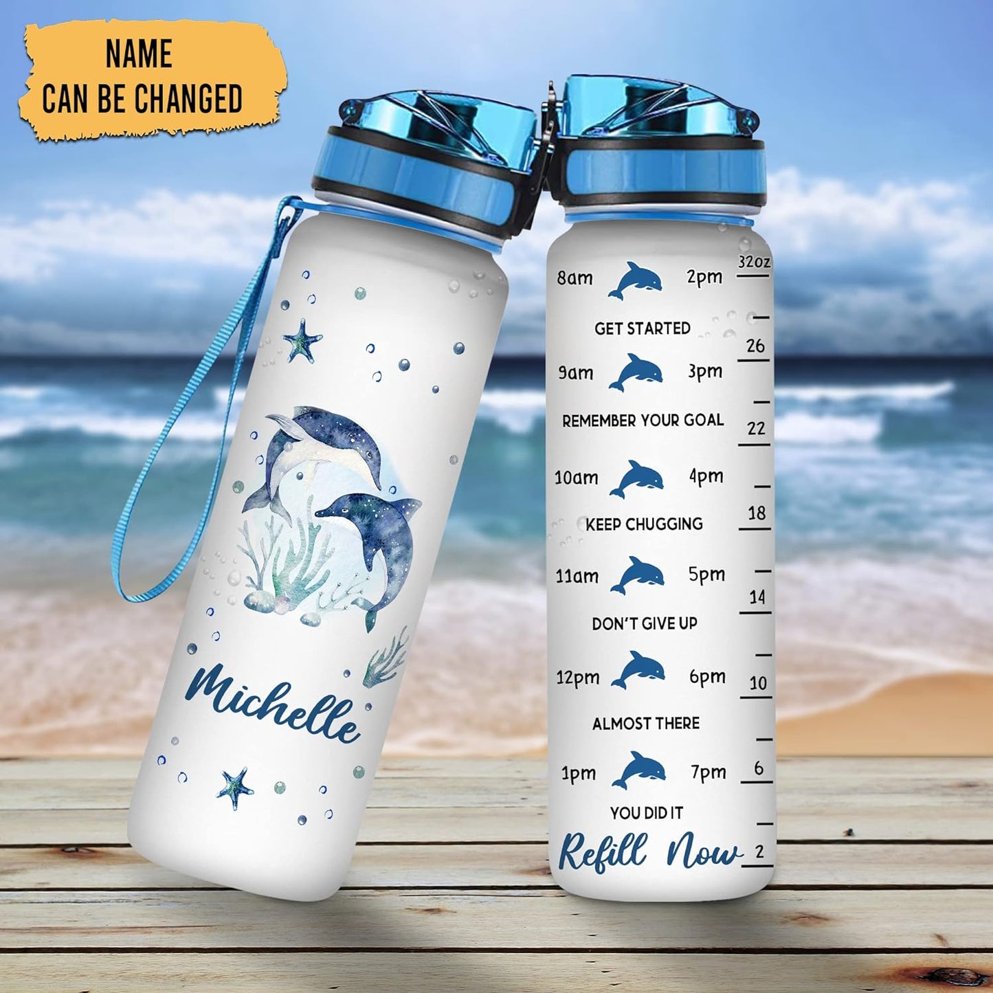 Couple Dolphins Water Bottle Tracker 32oz – Personalized Daily Bottle with Time Marker – Ocean Gift for Women Girls