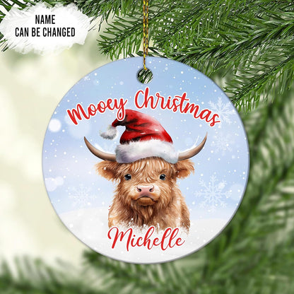 Highland Cow Santa Hat Ceramic Circle Ornament – Personalized Christmas Gift for Cow Lover, Farmhouse Tree Decor Keepsake for Her