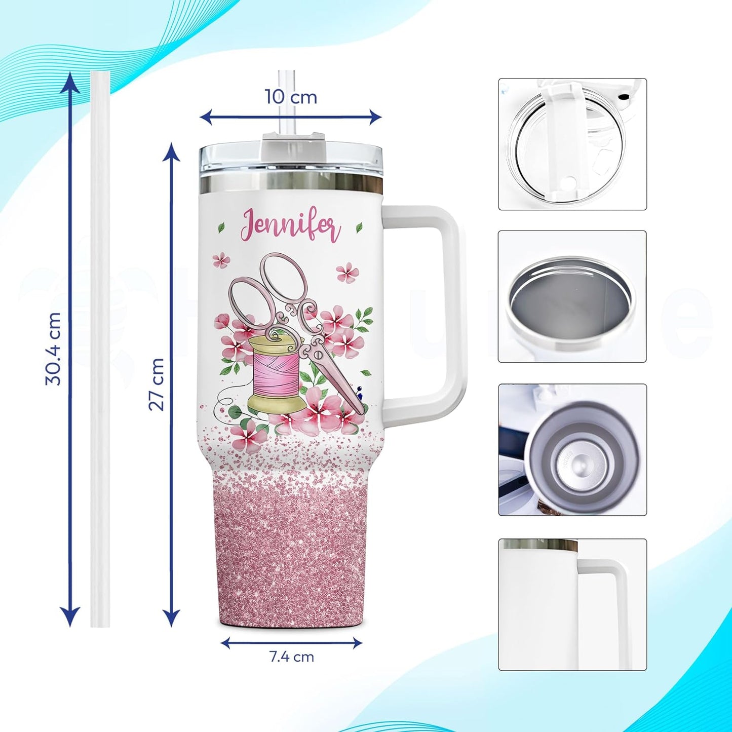 Pink Sewing Tumbler 40oz with Handle & Straw – Personalized Stainless Steel Insulated Travel Cup with Lid – Creative Gift for Sewing Lovers
