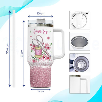 Pink Sewing Tumbler 40oz with Handle & Straw – Personalized Stainless Steel Insulated Travel Cup with Lid – Creative Gift for Sewing Lovers