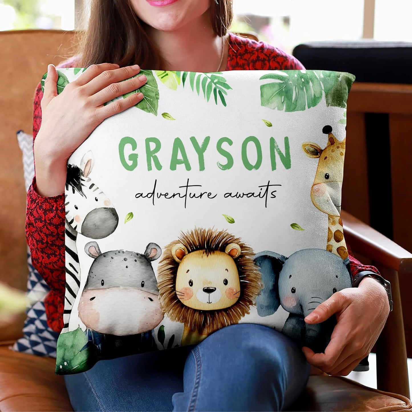 Safari Adventure Personalized Nursery Pillow with Insert – Custom Name Baby Animal Cushion – Adorable Gift for Baby Boy or Girl